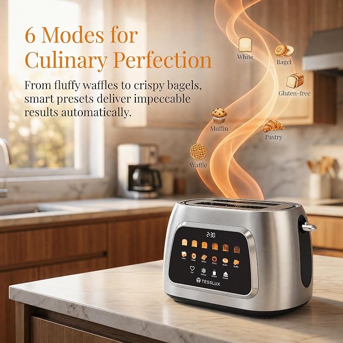 Tesslux Toaster 2 Slice, Extra Wide Slot, 800W, Touch Screen Panel, Silver | LED Countdown, 6 Bread Modes, 6 Browning Levels, Memory Button, Defrost, Reheat, Cancel, Crumb Tray, Brushed Stainless Steel