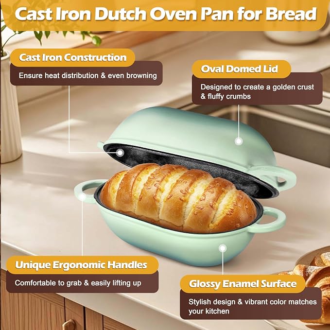 Homikit Enameled Cast Iron Dutch Oven for Bread Baking, 2.8 QT Oval Bread Oven Pot with Lid, 9.5 x 5.7 Inch Sourdough Loaf Baking Pan for Homemade Bread, Heavy Duty & Oven Safe, Pistachio Green