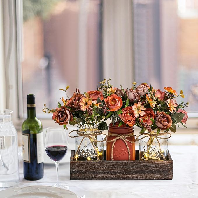3 Pcs Mason Jar Centerpiece Table Decorations for Dining Table Decor Farmhouse Coffee Table Decor with Wood Tray and Led Light Table Centerpieces for Dining room Kitchen Living Bathroom,Orange | Rustic Farmhouse Decor for Home Décor Accents Kitchen Cou...