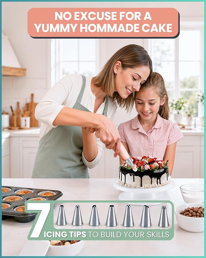 RFAQK 35PCs Cake Decorating Kit with Cake Turntable, Piping Bags and Tips | Turntable, 2 Spatula, 20 Icing Bags, 4 Scraper, 7 Piping Tips, Coupler