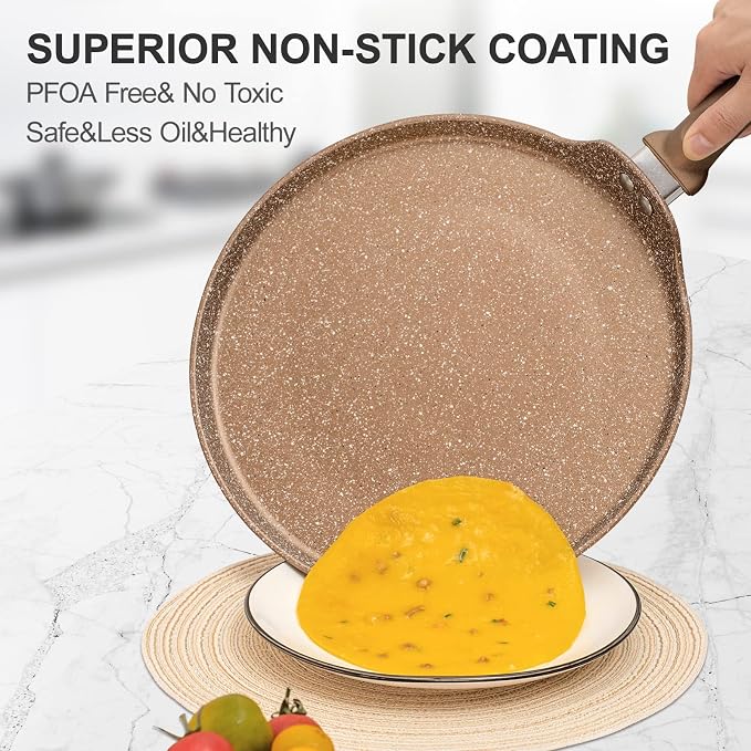 Innerwell 11 Inch Nonstick Crepe Pan,Granite Coated Pancake Pan-Gold | Granite nonstick coating, PFOA-free.Works on gas, electric, ceramic & induction. Easy-release & easy-clean.