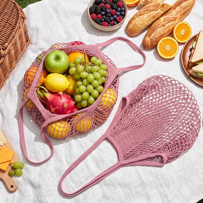 Woanger 24 Pcs Pink Long Handle Reusable Cotton Mesh Produce Shopping Bags Washable Grocery Net Portable Fruit and Vegetable Cotton String Bags Net Tote Organizer