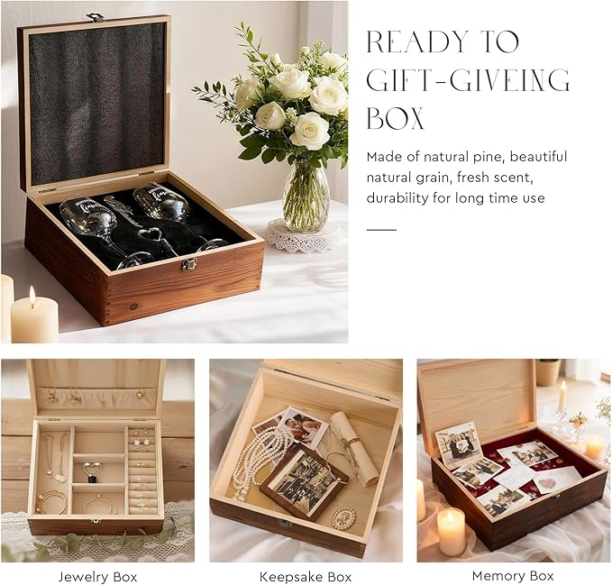 AW BRIDAL Engagement Gifts for Couples Fiance and Fiancee Wine Glasses Set | Engaged Wine Glasses with Wine Stopper & Wood Keepsake Box, 2026 Wedding Gifts for Newlyweds, Bride to Be Gifts for Women