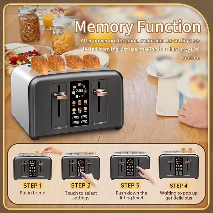 SEEDEEM 4 Slice Stainless Steel Toaster, 1.5" Wide Slots, Dark Metallic | Toaster 4 Slice, 6 Bread Type, 7 Shade Settings, 1.5'' Wide Slots, Cancel/Defrost/Reheat, Removable Crumb Tray, 1800W
