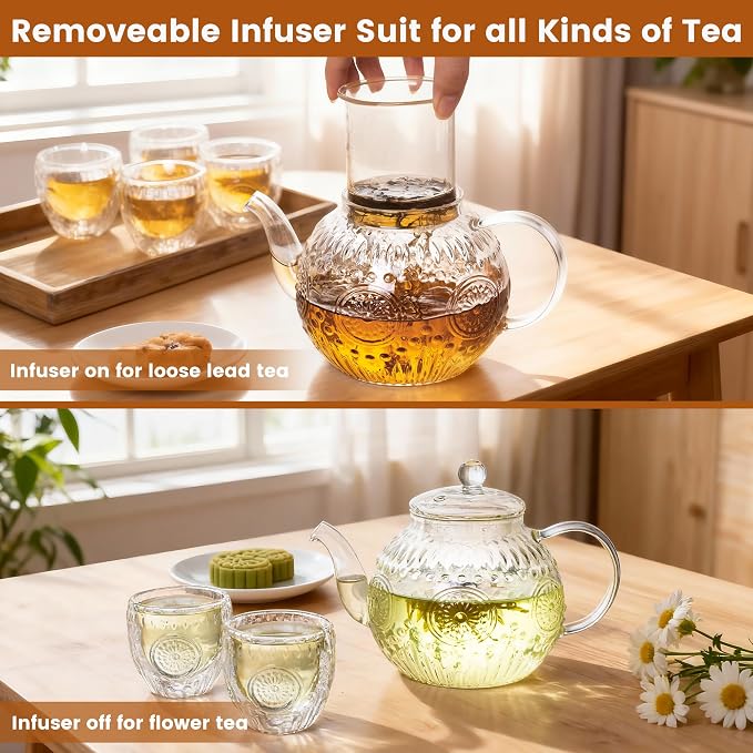 Bandesun Vintage Glass Teapot Set with 4 Cup, 32oz Borosilicate Tea Pot with Removable Infusers for Blooming and Loose Leaf Tea, Tea Warmer with Candlelight, Stovetop Safe, Gift for Women and Adults