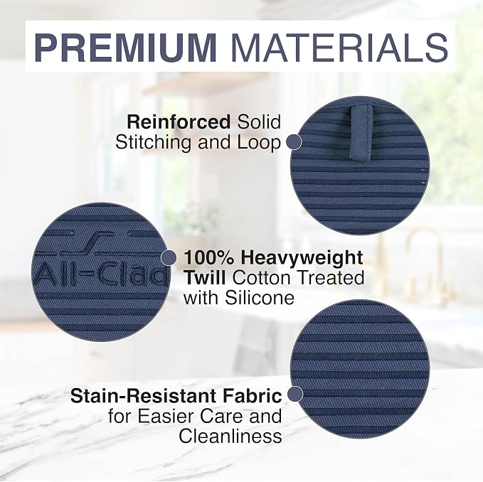 All-Clad Premium Pot Holder & Hot Pad: Heat Resistant to 500 Degrees - 100% Cotton, 10"x6.25" Hot Pad for Kitchen and Barbeque, (2-Pack), Indigo