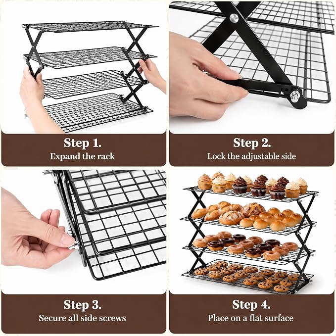 4-Tier Foldable Cooling Rack, Cooling Racks for Cooking and Baking, Baking Rack & Bread Rack for Cookies, Cakes, Breads, Space-Saving Design. (Black, 4-Tier)