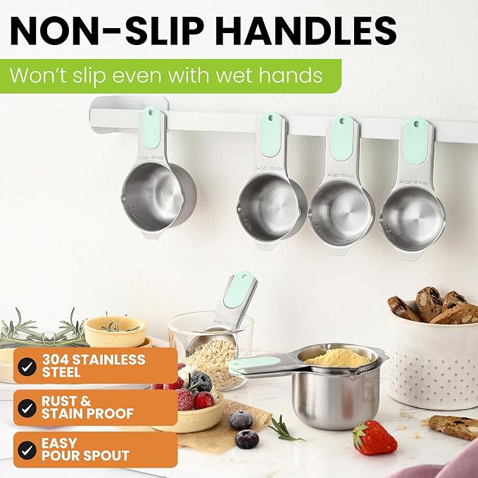 Spring Chef Magnetic Stainless Steel Measuring Cups Set of 7 Patented, Mint | Metal Measuring Cups for Measuring Dry or Liquid Ingredients, Easy to Read Markings, Dishwasher Safe Nesting Magnetic Cups