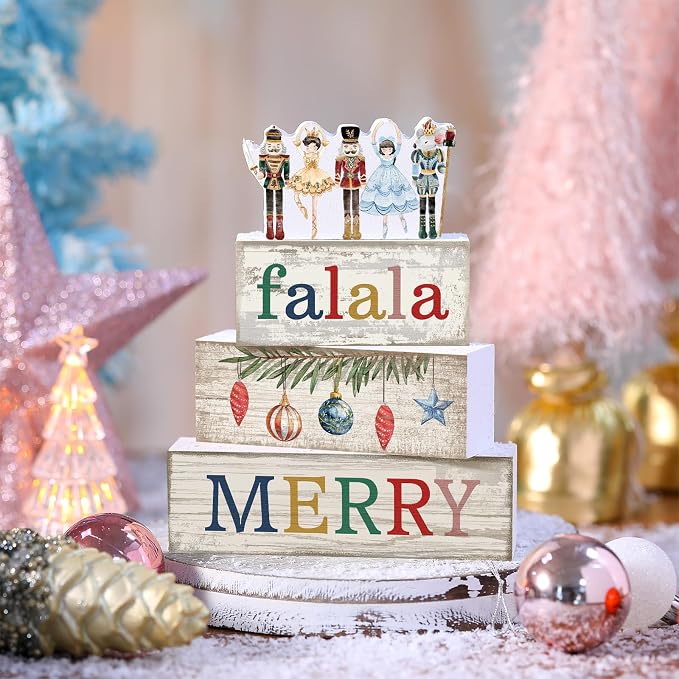 Lineshading 4 Pcs Wooden Nutcracker Block Signs Christmas Farmhouse Decor | Nutcracker Ballet Theme, 3-tiered Stackable Blocks, Rustic Wood Finish for Mantel Shelf Tabletop, Vintage Home Accents