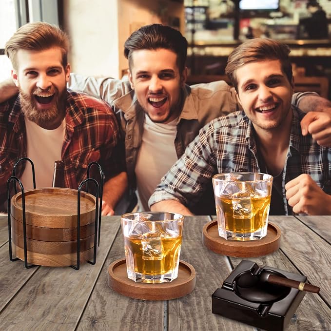 Wooden Coaster Set of 6 Coffee Table Decor Bar Cup Drink Coasters Holder | Acacia Wood Coaster Coffee Bar Accessories Kitchen and Dining Room Outdoor Costers Modern Cute Beer Rustic Farmhouse Decor
