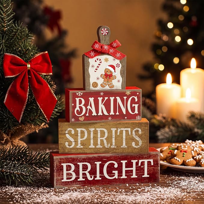 Lineshading 4 Pcs Gingerbread Baking Wood Block Signs, Farmhouse Decor | Rustic Tiered Tray Decor with Phrases, For Christmas Kitchen or Holiday Tabletop, Wooden Farmhouse Style