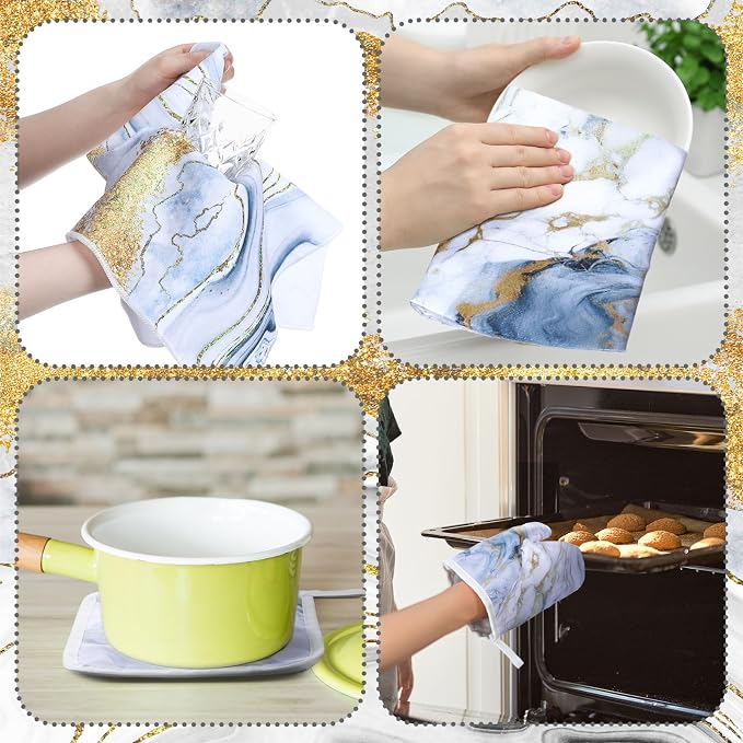 Leinuosen White and Gold Marble 8 Pcs Kitchen Towels and Dishcloths Sets Oven Mitts and Pot Holders Absorbent Kitchen Gloves Potholders Heat Resistant for Chef Baking Cooking