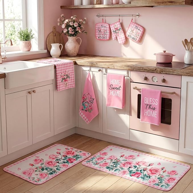 Fourluoo 10 Pcs Pink Rose Kitchen Decor Set Towels and Rugs Oven Mitts and Pot Holders Farmhouse Spring Kitchen Decor Set for Women Mom Gift Cooking Baking Grilling