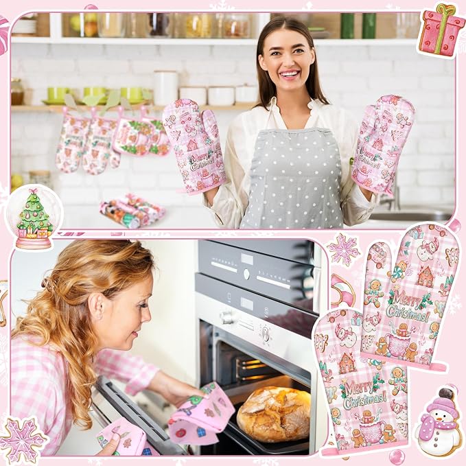 Fanfanwin 10 Pcs Christmas Gingerbread Man Kitchen Decor Accessories Set | Pink Christmas Gingerbread Towels Pot Holders Oven Mitts Rugs for Baking Cooking BBQ, Holiday Decor, Gifts
