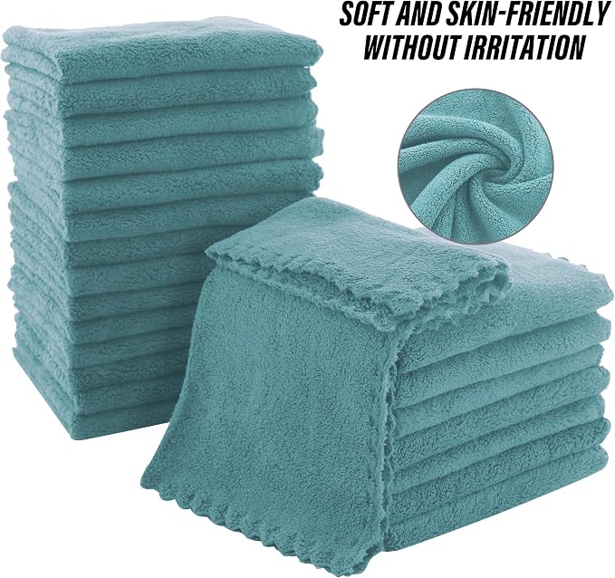 MOONQUEEN Ultra Soft Premium Washcloths Set - 12 x 12 inches - 24 Pack - Quick Drying - Highly Absorbent Coral Velvet Bathroom Wash Clothes - Use as Bath, Spa, Facial, Fingertip Towel (Teal)