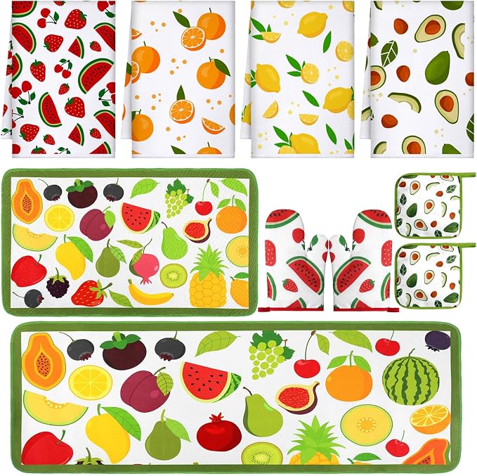 Fourluoo 10 Pcs Fruit Kitchen Decor Set Kitchen Towels Rugs Oven Mitts and Pot Holders Set for Women Mom Gift Cooking Baking Grilling