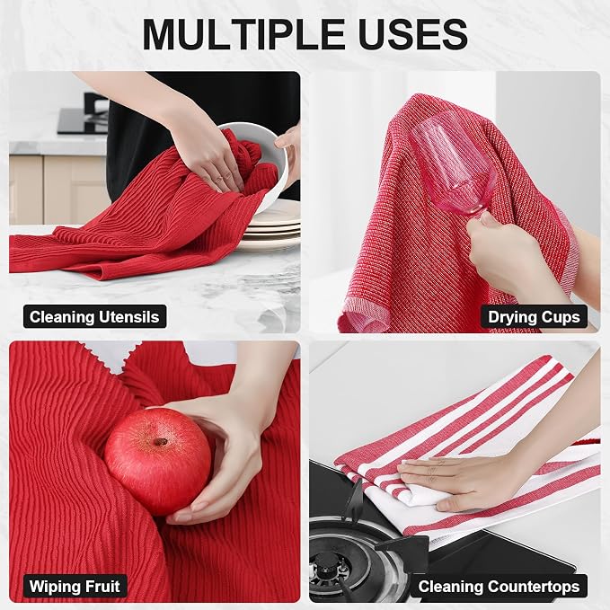 Homaxy Cotton 380 GSM Premium Kitchen Towels, 18"x 28", 3 Pack, Red | Soft and Absorbent Terry Dish Towels, Multipurpose Tea Towel Set with Hanging Loop, 3 Styles Kitchen Hand Towels