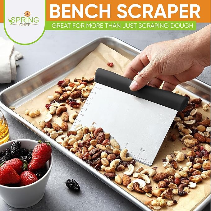 Spring Chef Stainless Steel Bench Scraper & Bowl Scraper Set for Baking | Heavy Duty Dough Cutter Tool & Bowl Pastry Scraper with Measurements for Pizza, Bread, Pastries, Sourdough, Black