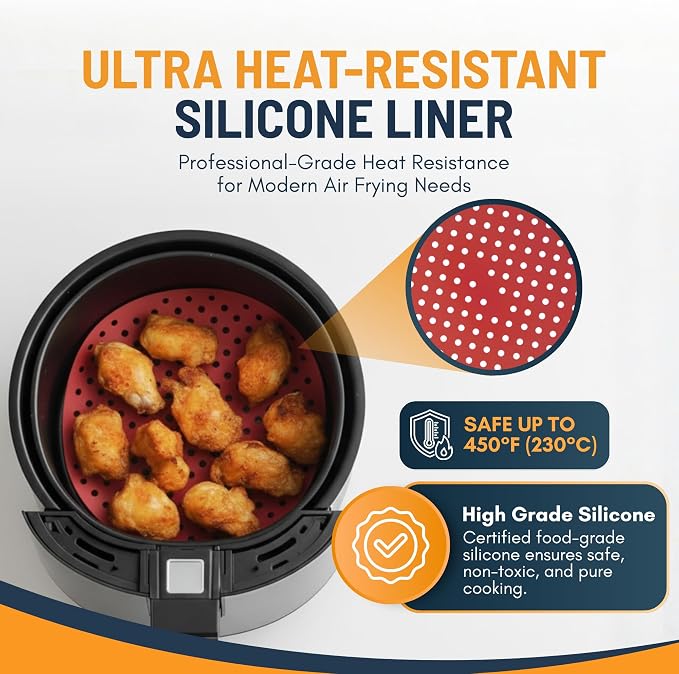Reusable Round Silicone Air Fryer Liners (9 Inch, 3 Pack) by Linda’s Essentials - Non-Stick, Easy-Clean Accessories with Cheat Sheet & Recipe Book, Perfect for Quick Meals
