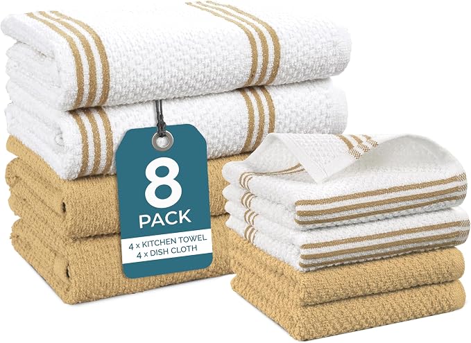Casa Platino Kitchen Towel Set 8 Pc 4 Dish Towels for Kitchen (16"x26") & 4 Dishcloths (13"x13") - Soft, Absorbent Tea Towels & Quick Drying Dish Rags With Hanging Loops For Drying Cookwares - Beige.
