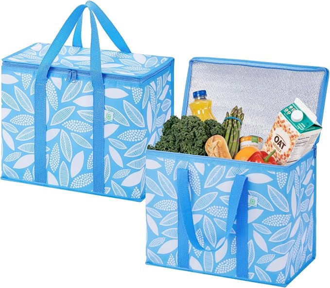 VENO 2 Pack Insulated Cooler Bag Reusable Grocery Bag for Food Delivery | Heavy Duty Large Collapsible Cooler Shopping Tote w/ Zippers, Foldable, Stands Upright for Camping (Spring Breeze, 2 Pack)