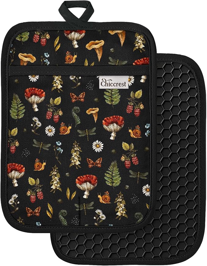 100% Cotton Pot Holders Textured Soft Silicone Mushroom | Stylish Pot Holders 2pcs, Machine Washable Non-Slip Heat Resistant Hot Pads & Oven Mitts 2-in-1, Practical Kitchen Decor