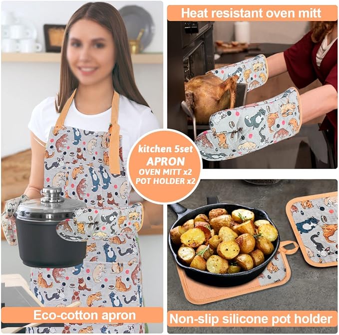 Alselo Oven Mitts and Pot Holders with Chef Apron,Kitchen Set of 5 | Heat Resistant Kitchen Gloves and Silicone Non-Slip Potholders Adjustable Neck Buckle Chef Apron, Cotton Cat Design (Cat)