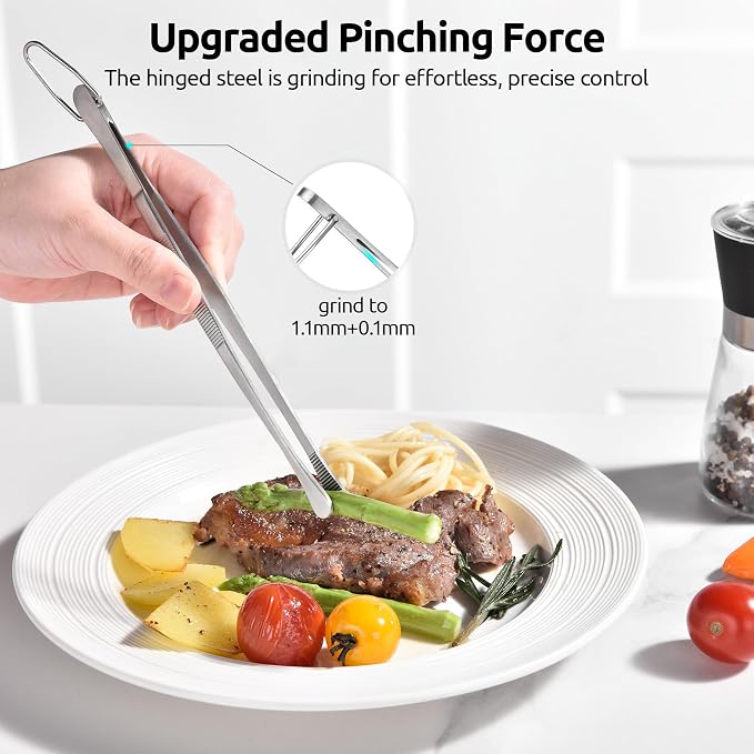 U-Taste Kitchen Cooking Tweezer, 18/8 Stainless Steel Tong, 8in/Round Tip | Food-Grade Metal Food Tong with Non-Slip Tips, Professional Chef Tweezers for Plating Serving Grilling Frying Cooking Baking