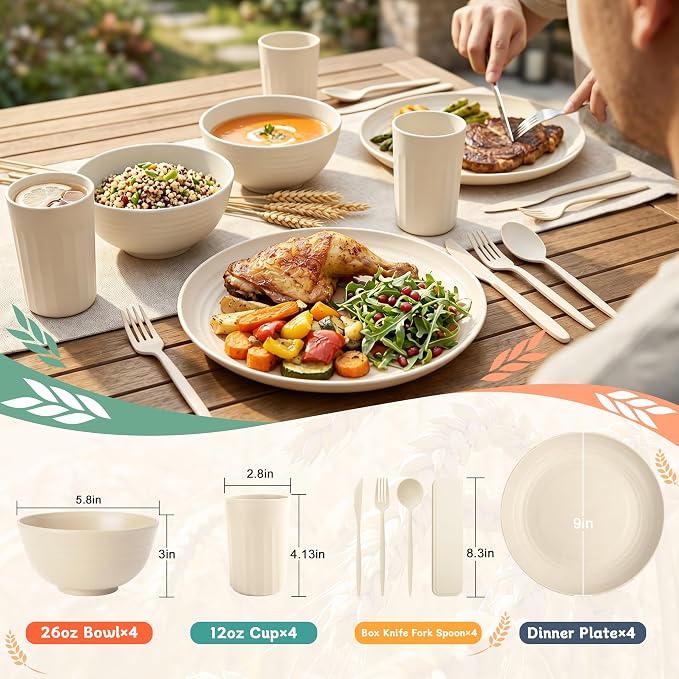 PYRMONT 28 Piece Wheat Straw Dishware Sets Unbreakable Plates and Bowls Sets for 4 Plastic Dishes Set Alternative Microwave & Dishwasher Safe Bowls for Kitchen,Picnic Set-Beige