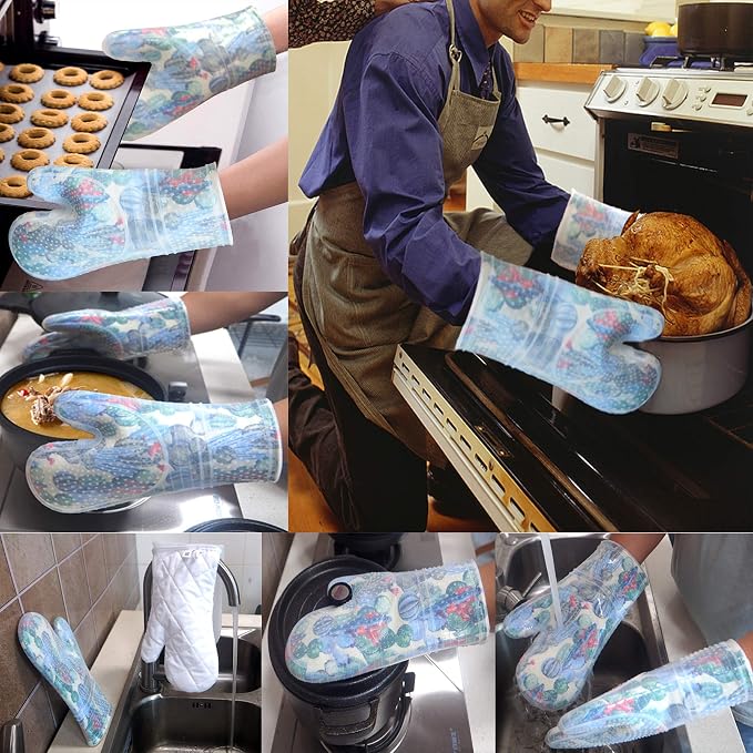Oven Mitts with Transparent Clear Silicone Shell and Nice Cacturs Flower Printing