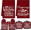 Sratte 6 Pcs Kitchen Decor Accessories Set, Kitchen, Wine Red | Farmhouse Kitchen Towels Pot Holders Oven Mitts Set 2 Dish Towels 2 Potholders 2 Cooking Mittens for Baking Cooking Supply