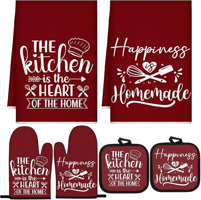 Sratte 6 Pcs Kitchen Decor Accessories Set, Kitchen, Wine Red | Farmhouse Kitchen Towels Pot Holders Oven Mitts Set 2 Dish Towels 2 Potholders 2 Cooking Mittens for Baking Cooking Supply