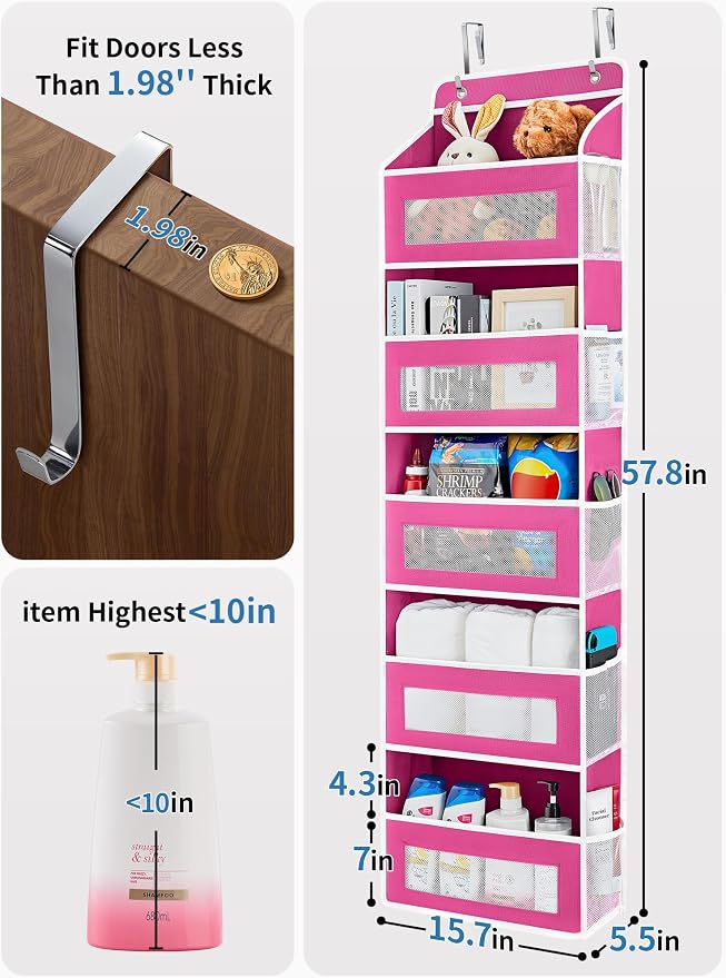 JARLINK Over the Door Organizer for Bedroom, Bathroom, 5 Shelf Rose Pink | Anti-Tilt Design, 44 lb Load Capacity, Hanging Door Organizer with 5 Large Capacity Pockets, Behind Door Storage for Nursery