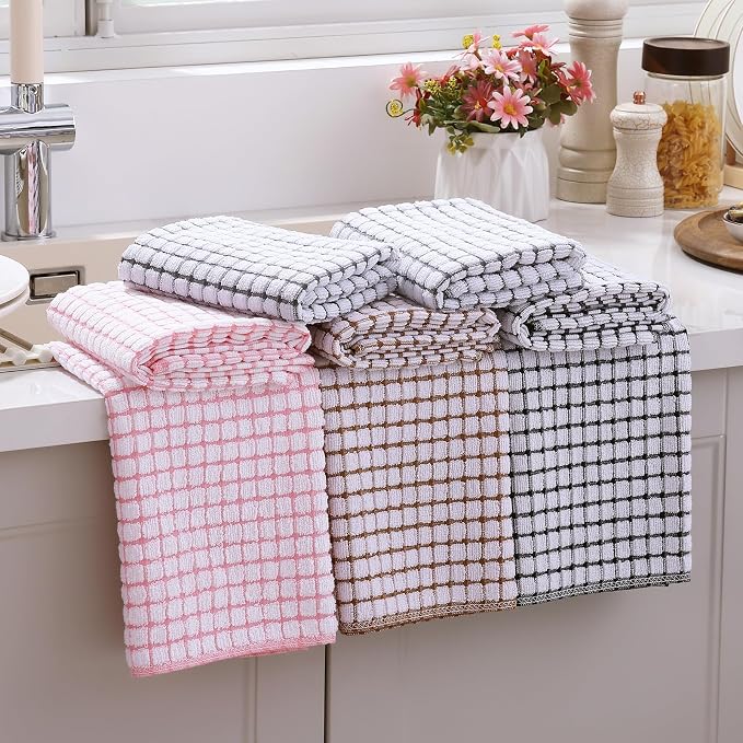 Mordimy Cotton 8 Pack Terry Kitchen Towels, 16 x 25 Inches | Super Soft and Absorbent Dish Towels, Quick Drying Hand Towels for Kitchen Drying, Black/Grey/Pink/Brown