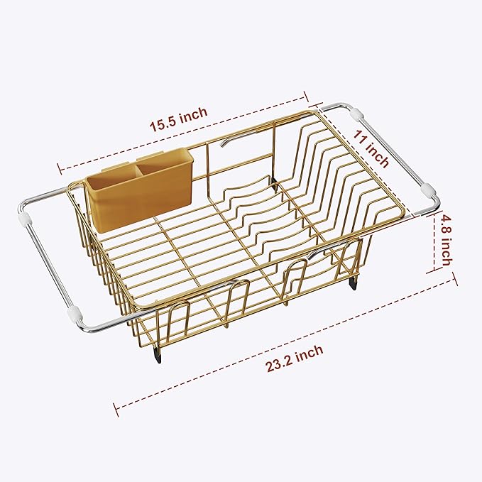 JASIWAY Gold Dish Drying Rack in Sink, Dish Drainer with Utensil Holder | Over The Sink Expandable Stainless Steel Strainer Dryer Rack for Small Kitchen, Counter Space Saving, Fast Drain, Rustproof