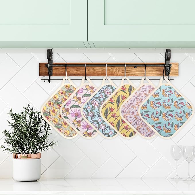 6 Pack Pot Holders 100% Cotton Heat Resistant Potholder, Machine Washable Pot Holder, Hot Pads, Table Pads for Cooking Baking (D)