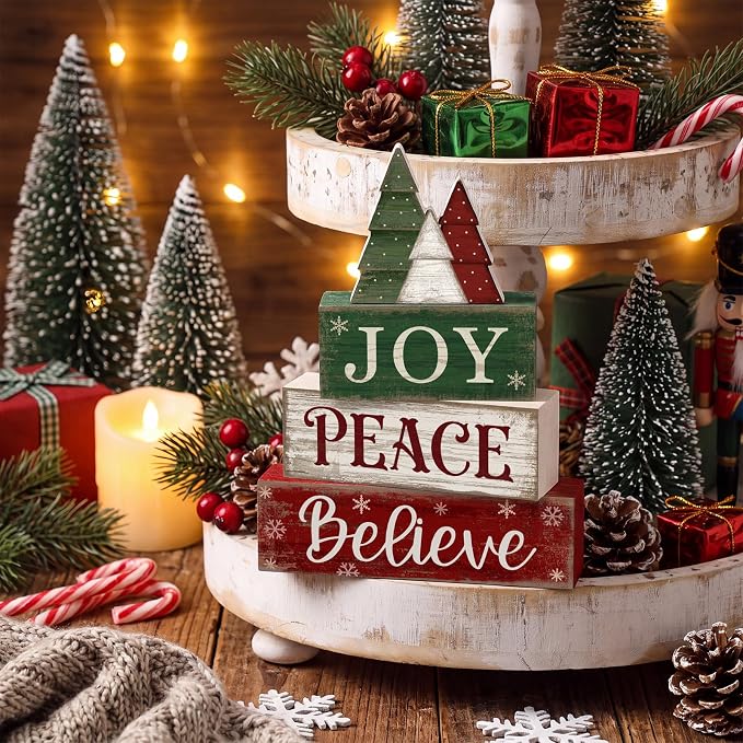 Lineshading 4 Pcs Christmas Table Decor, Wooden Tree Block Sign Home Tray | Red Green White Rustic Tree, Christmas Centerpiece For Tiered Tray, Wooden Block Display, Holiday Kitchen Shelf Home Decor