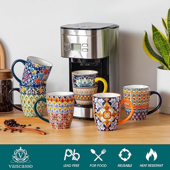 vancasso SIMI 16 oz Large Coffee Mugs Set of 6, Ceramic Cups with Handle | Bohemian Mug, Ideal for Coffee, Latte, Tea, Cappuccino and Hot Chocolate, Dishwasher Microwave Safe for Daily Use Gift Set