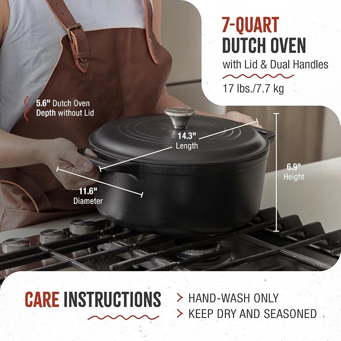 Victoria Cast Iron Large Dutch Oven with Lid and Dual Handles. 7 Quart Pot Seasoned with 100% Kosher Certified Non-GMO Flaxseed Oil