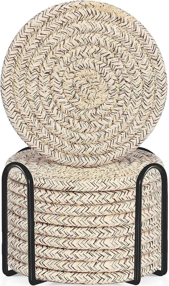 ABenkle Drink Coasters with Holder Set of 10, Cotton Woven Absorbent Coasters for Drinks, Minimalist Home Decor Coaster Set for Wooden Tabletop Protection Table, 4.3 inches