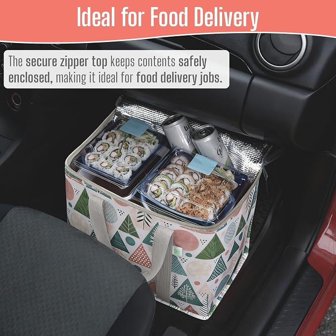 VENO 2 Pack Insulated Cooler Bag for Food Delivery, Reusable Grocery Bag | Heavy Duty Large Collapsible Cooler Shopping Tote w/ Zippers, Foldable, Stands Upright for Camping (Pastel Forest, 2 Pack)