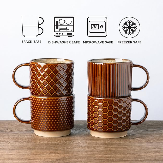 GBhome 15 OZ Stackable Coffee Mugs Set of 4, Ceramic Coffee Cups Set | 4 Assorted Designs, Embossed Mugs with Texture Patterns for Tea/Coffee, Dishwasher&Microwave Safe, Caramel