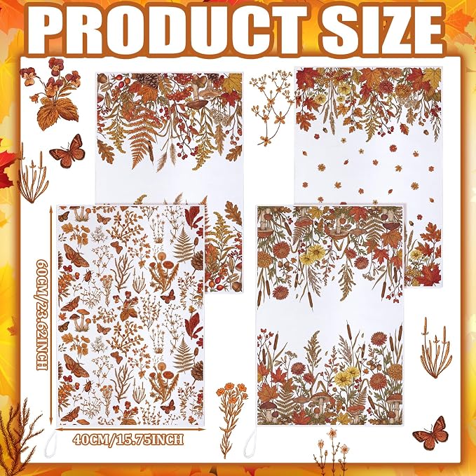 4 Pcs Fall Flower Kitchen Towels, Dark Orange Dish Towels Gift | Fast Drying Absorbent Dishcloths with Hanging Loop for Cleaning Cooking, Farmhouse Autumn Kitchen Decor Housewarming Gift