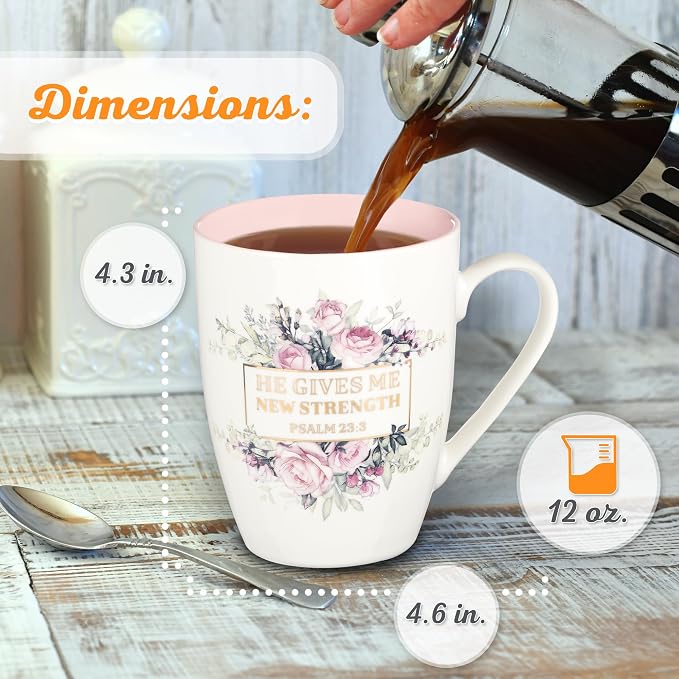 Christian Art Gifts Encouraging Golden Scripture Ceramic Coffee & Tea Mug for Women: He Gives Me New Strength Inspirational Psalm Bible Verse, Cadmium/Lead-free Novelty Cup, White/Pink Floral, 12 oz.