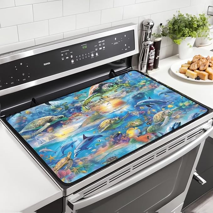 Dolphin Sea Turtle Glass Stove Cover Stovetop Protector Cover Foldable Electric Stove Top Protector Prevent Scratching Washer Dryer Counterto Cover for Home Decor
