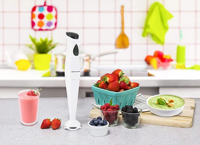 Elite Gourmet EHB-2425X Immersion Hand Blender, 1-Touch, 150W, White | Doubles as a mixer and chopper for soups, sauces, and baby food