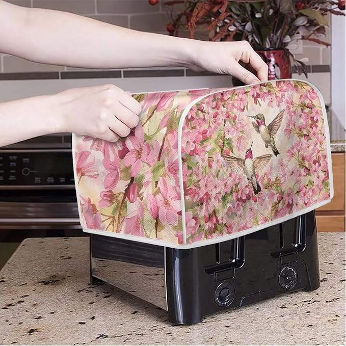 Cherry Birds Pattern 2 Slice Toaster Cover Foldable Kitchen Small Appliance Cover Dust and Fingerprint Protection, Machine Washable Home Kitchen Decor Accessories, Pink