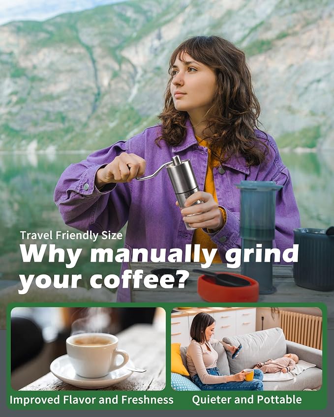 Stainless steel Burr Manual Coffee Grinder for Drip,French Press,5 Adjustable Settings,Hand Coffee Grinder,For Home Use and Camping,Coffee Bean Grinders With Hand Crank (Stainless steel Burr-Slivery)
