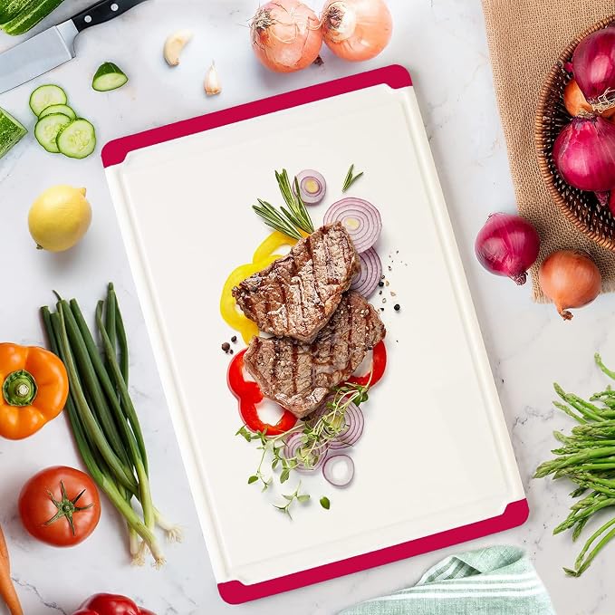 Extra Large Plastic Cutting Board for Kitchen - Red 18-Inch Dishwasher Safe Chopping Board, Reversible Cutting Board with Juice Groove + Non Slip Feet for Meat, Fruit, Vegetables by Belwares