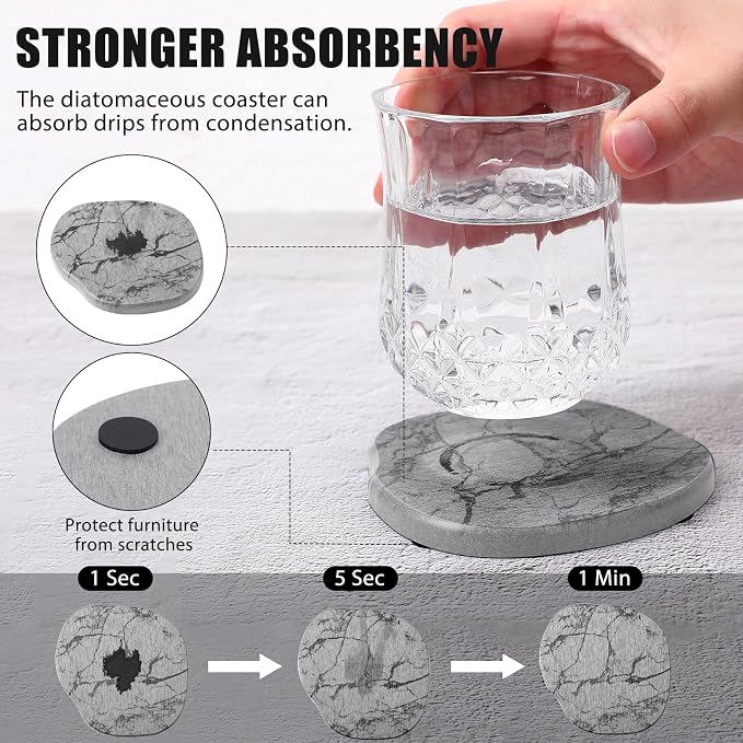 Diatomaceous Earth Coasters Set of 4，Cool Absorbent Quick-Dry Drink Coasters for Desks, Cute Modern Stone Design with Stylish White Aesthetic (4, Marble Light Grey)